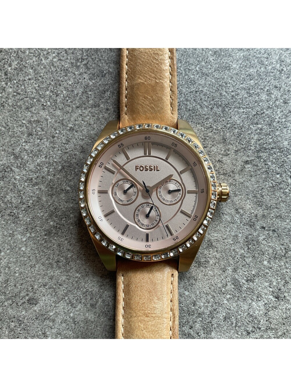Fossil Janice Watch Women 40mm Rose Gold Tone Brown Band Day Date New Battery A4
